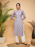 InWeave Women's Blue Pink Print Angrakha Style Straight Kurta Pant Set