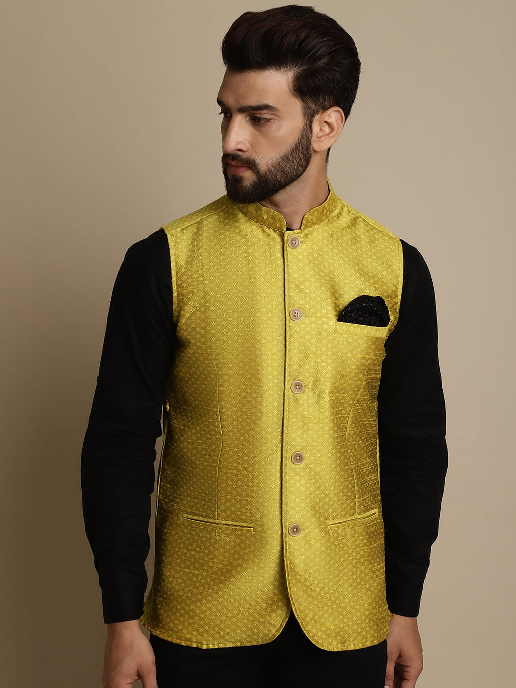 Even Apparels Men's Yellow Mandarin Collar Waistcoat