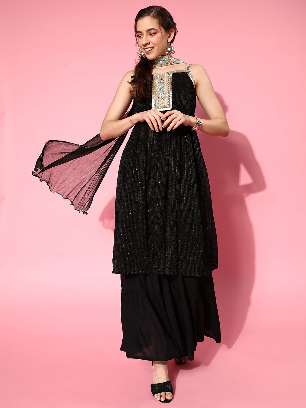 InWeave Women's Black Gota Insert Neckline Sharara Set