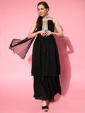 InWeave Women's Black Gota Insert Neckline Sharara Set