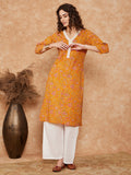 InWeave Women's Fire Yellow Print V Neck Lace Work Straight Kurta