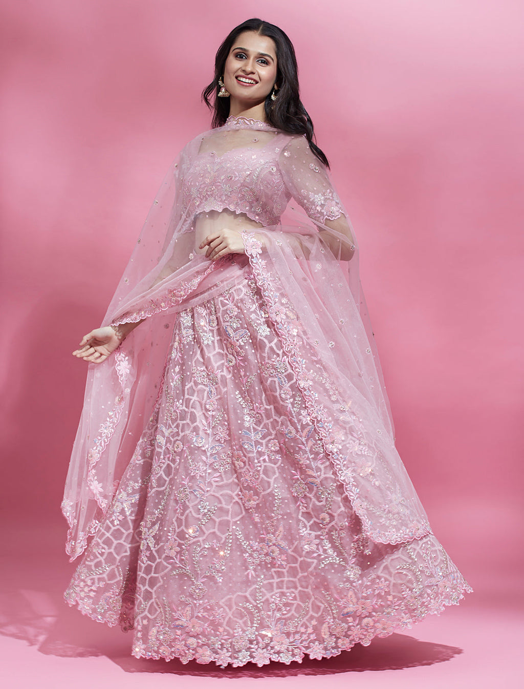 House of Panchhi Pink Color Net Sequins Work Lehenga