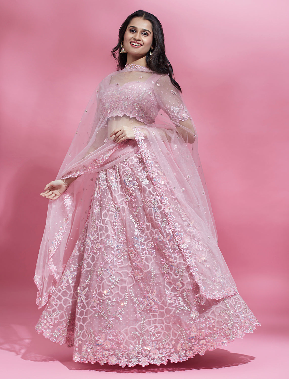 House of Panchhi Pink Color Net Sequins Work Lehenga