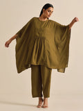 trueBrowns Olive Green Texture Doddy Kaftan Gathered Co-Ord Set