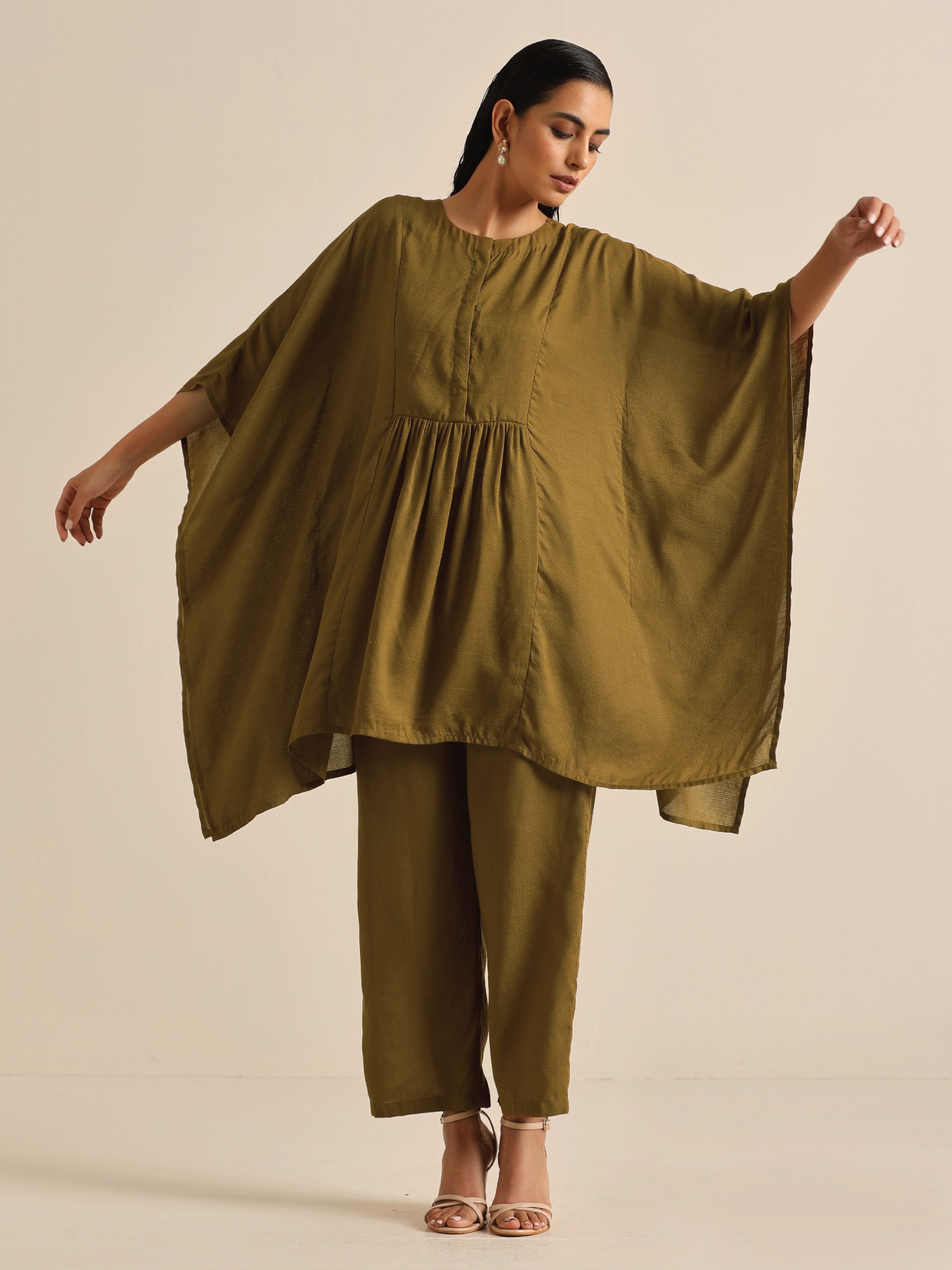 trueBrowns Olive Green Texture Doddy Kaftan Gathered Co-Ord Set