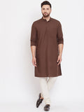 Even Apparels Brown Solid Kurta With Band Collar