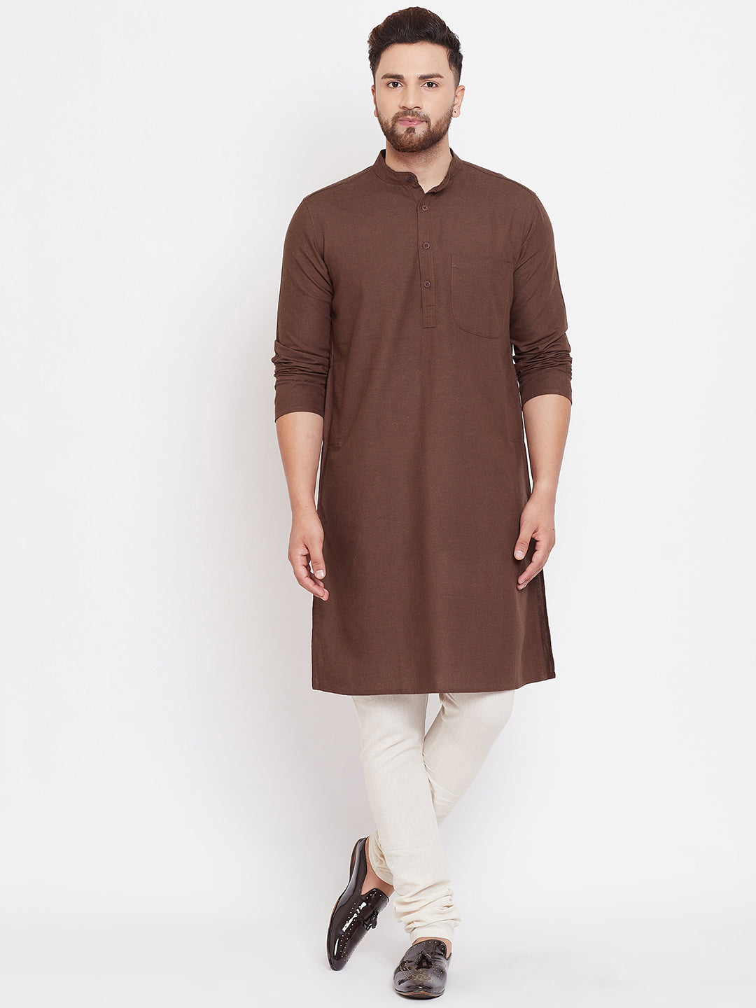 Even Apparels Brown Solid Kurta With Band Collar