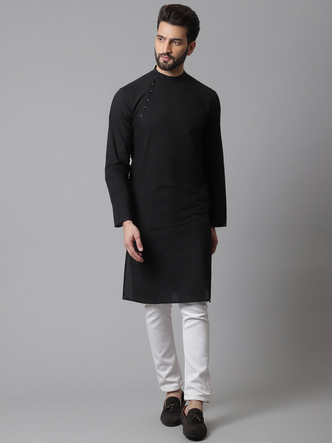 Even Apparels Black Solid Kurta With Band Collar
