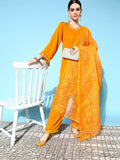 InWeave Women's Mustard Velvet Kurta Set With Mustard Kota Bandhani Dupatta