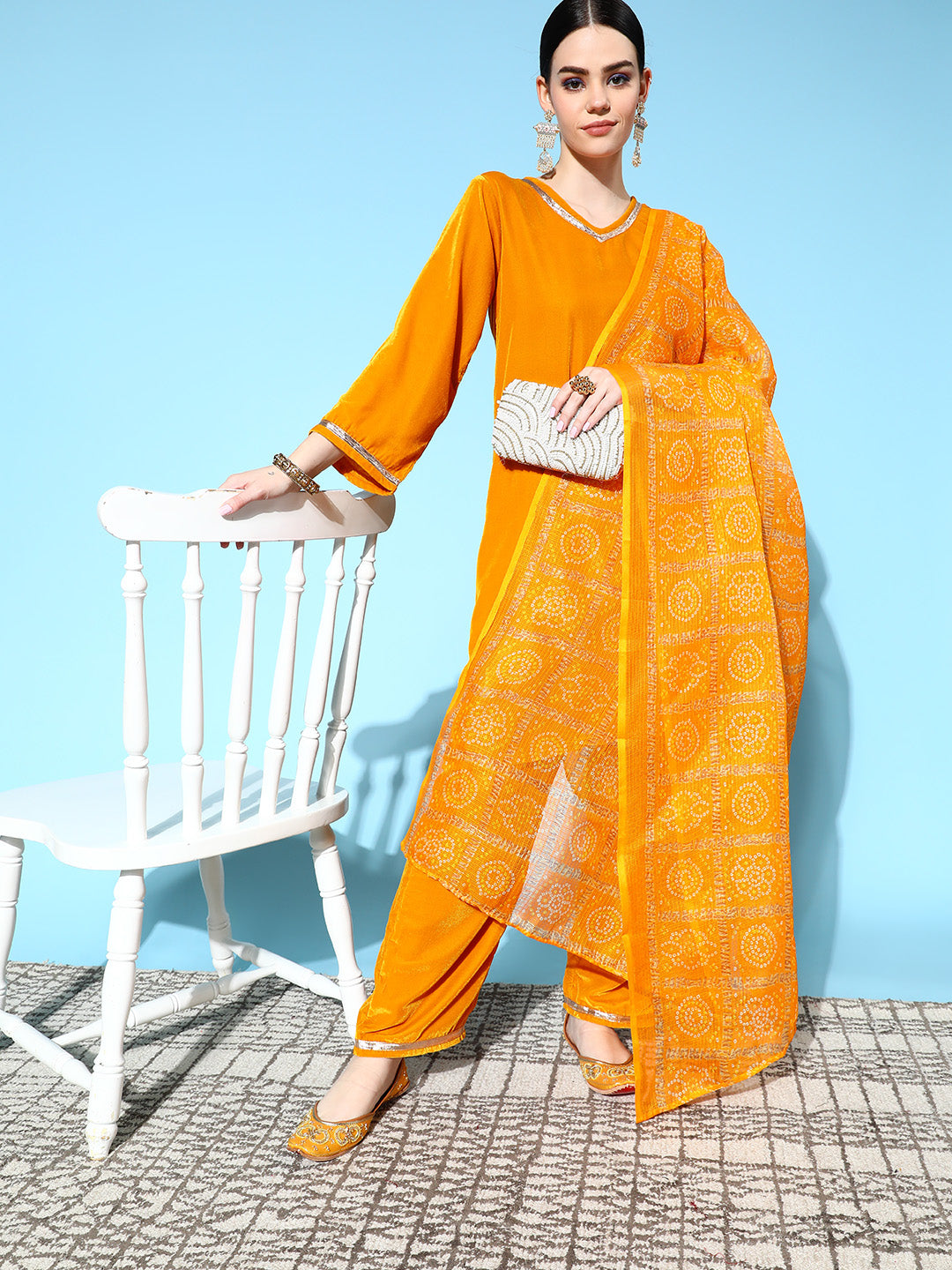 InWeave Women's Mustard Velvet Kurta Set With Mustard Kota Bandhani Dupatta
