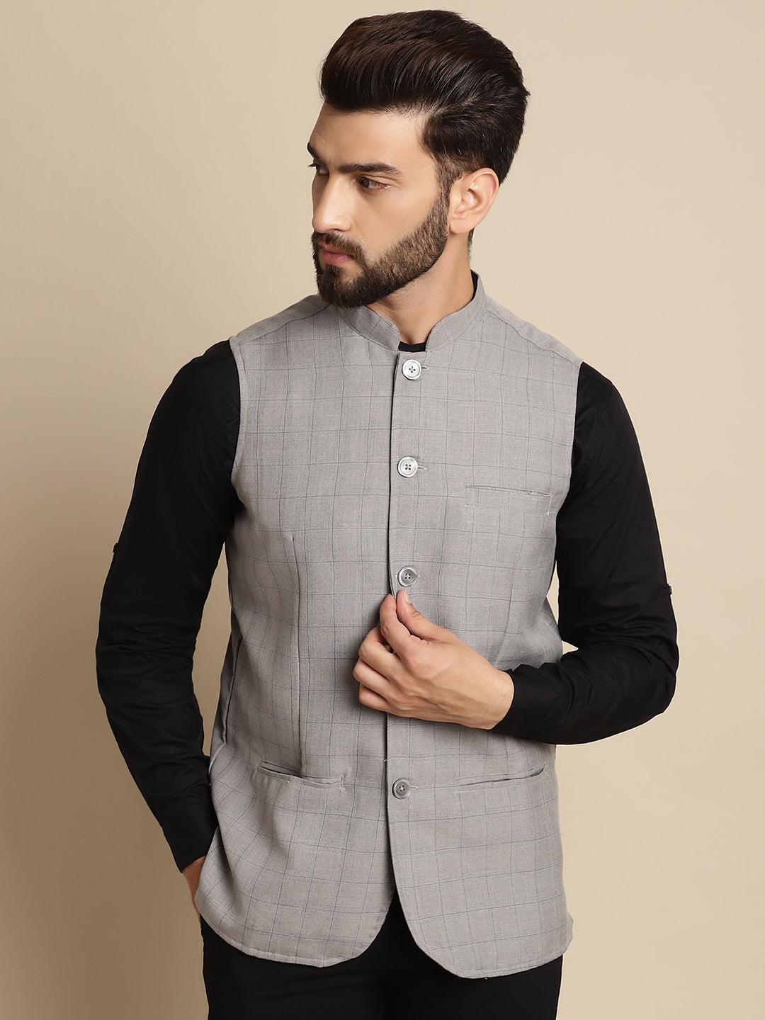Even Apparels Men's Grey Mandarin Collar Waistcoat