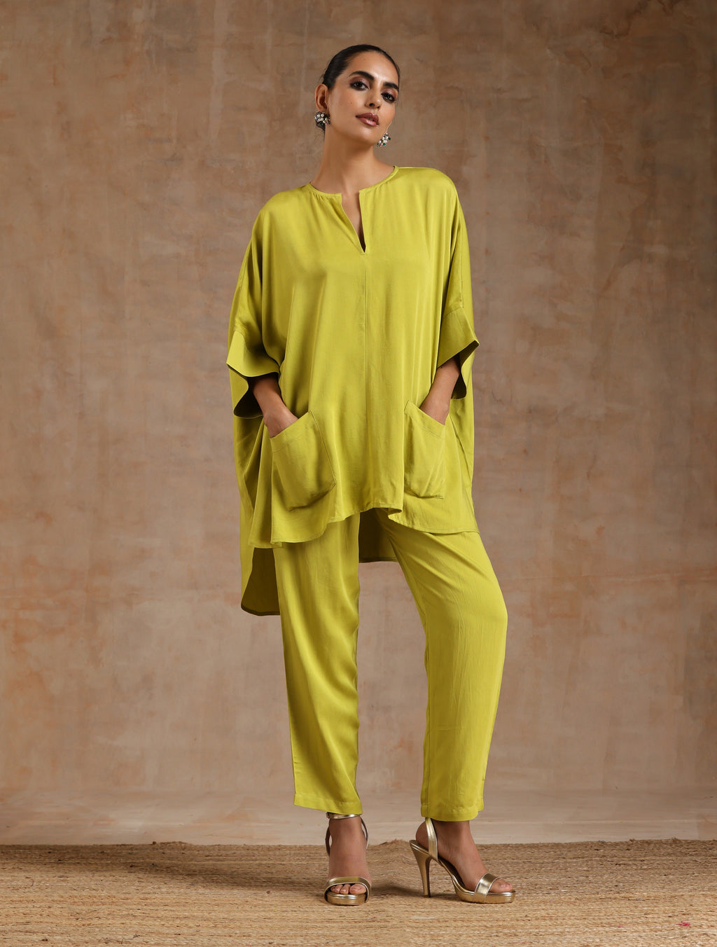 trueBrowns Lime Modal Satin Boxy Fit High-Low Co-Ord Set