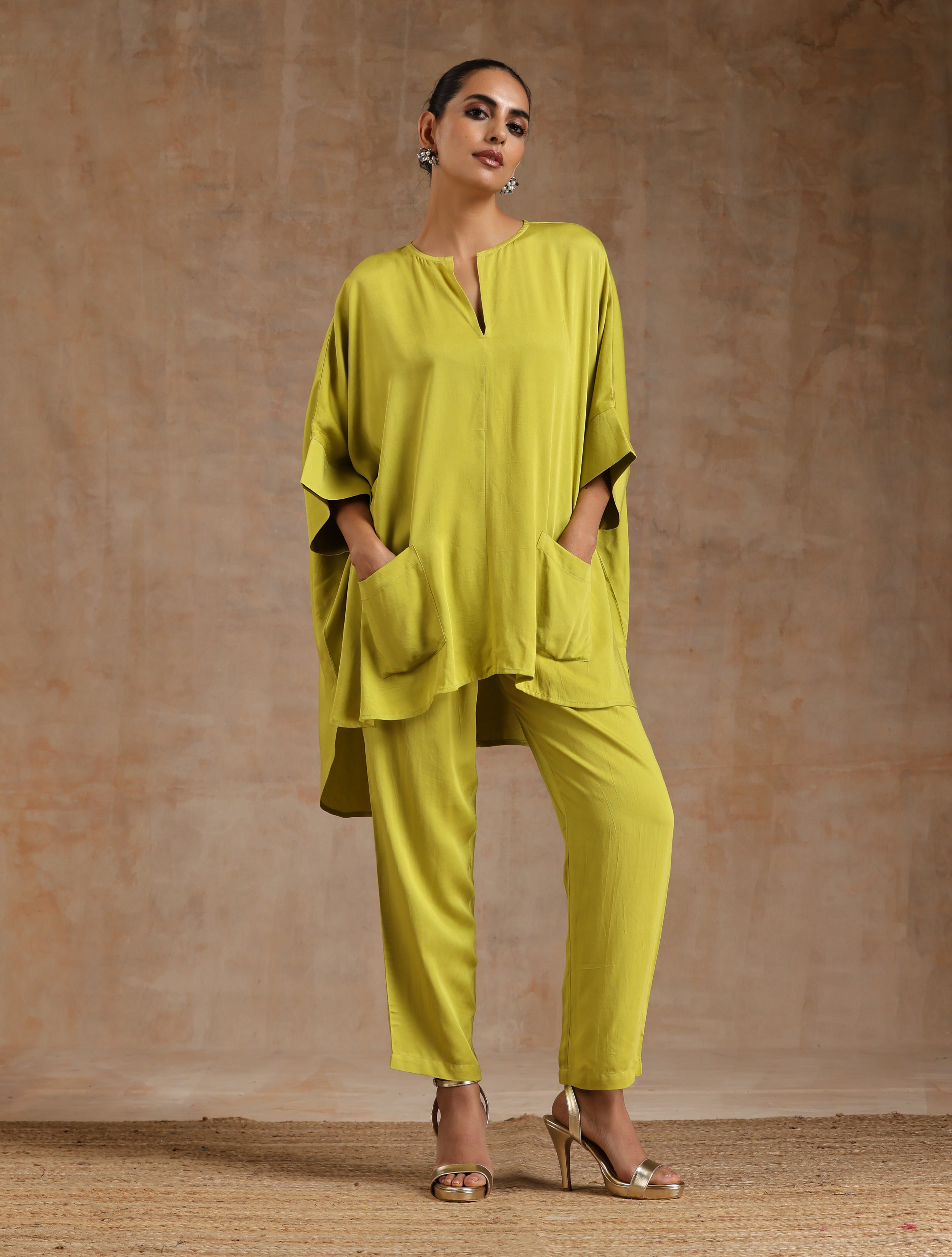 trueBrowns Lime Modal Satin Boxy Fit High-Low Co-Ord Set