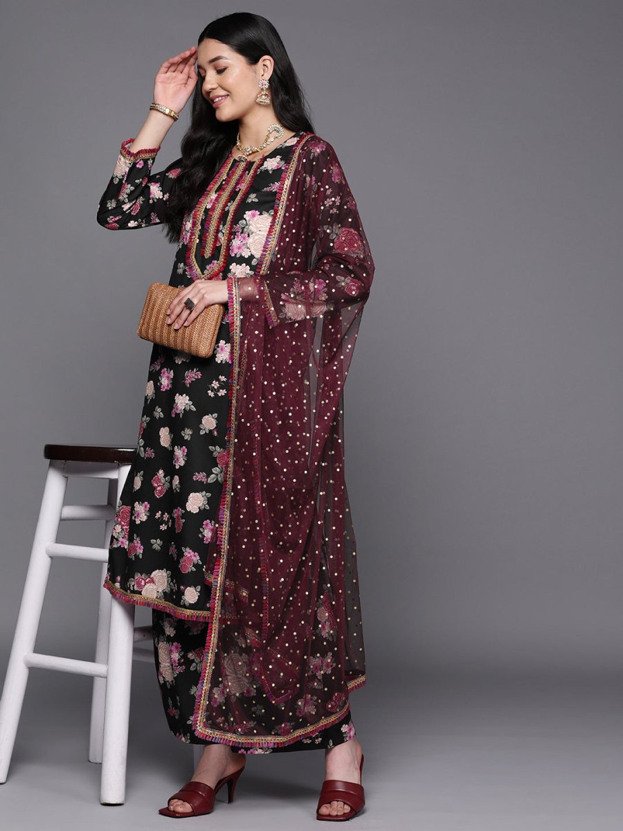 Ahalyaa Women Black Floral Printed Gotta Patti Kurta with Palazzos & With Dupatta