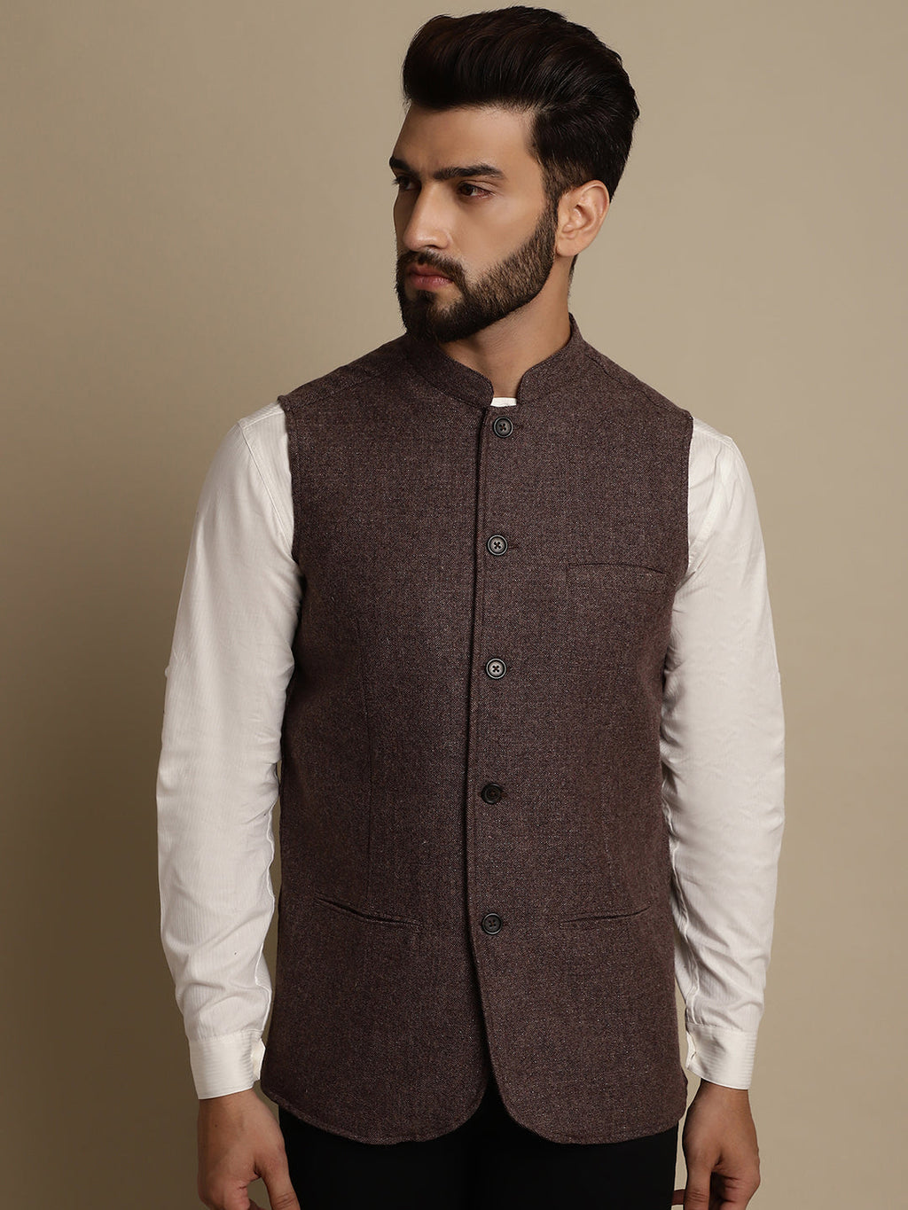 Even Apparels Men's Brown Mandarin Collar Waistcoat