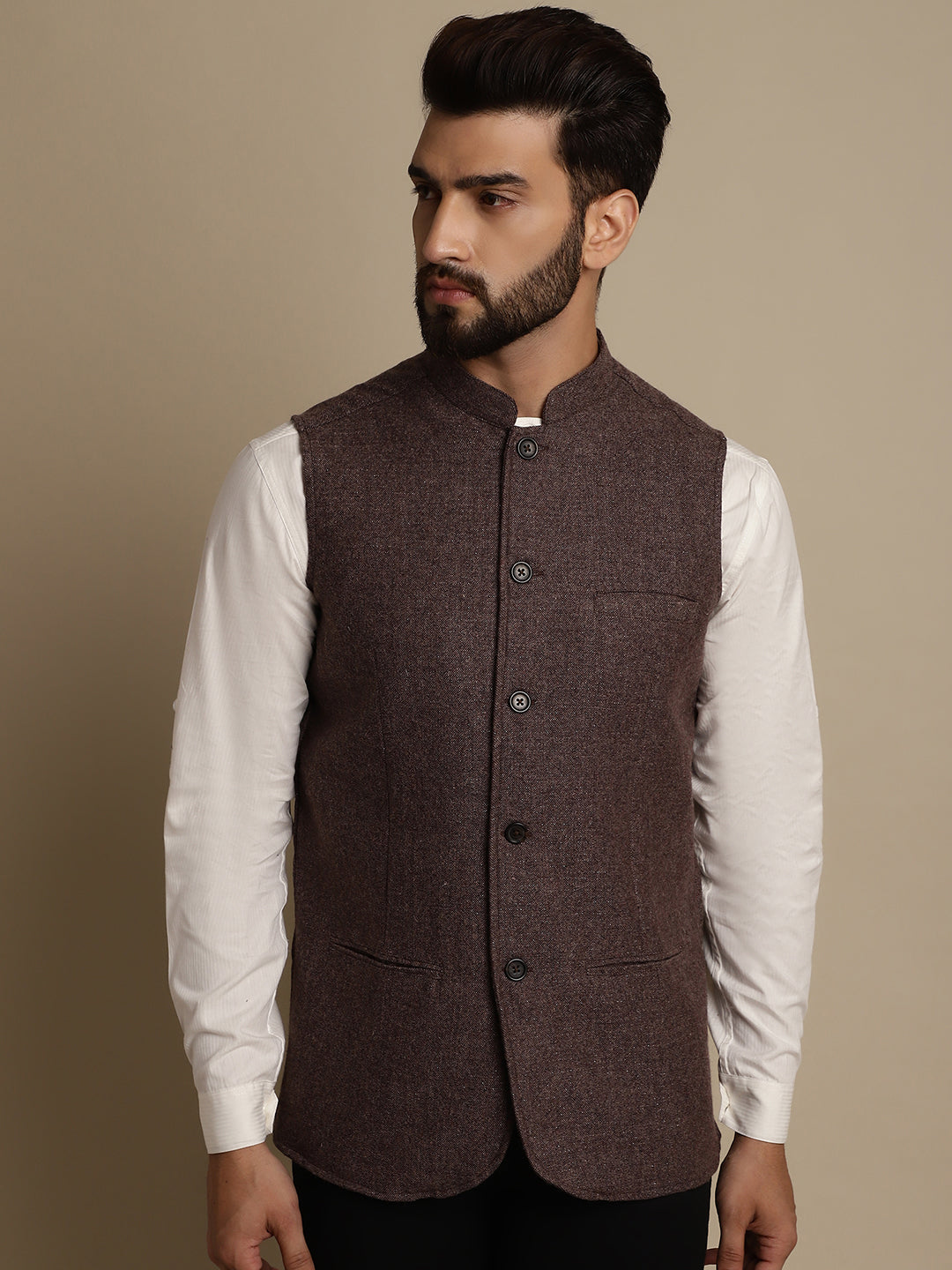 Even Apparels Men's Brown Mandarin Collar Waistcoat