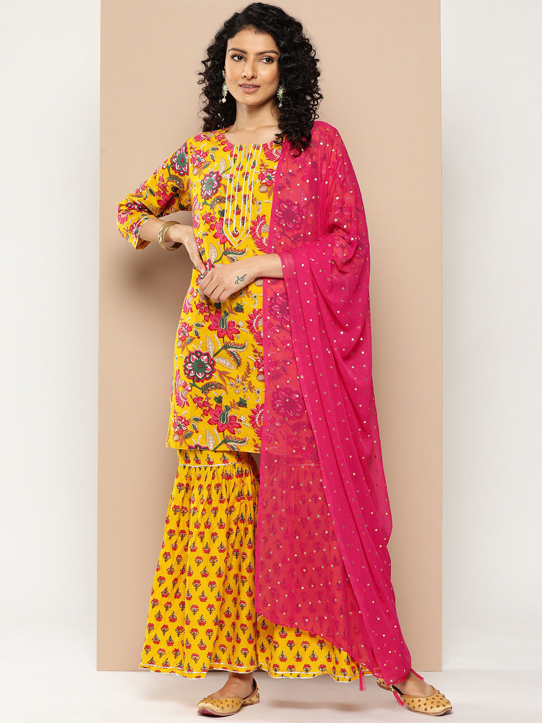 KSUT (House of Varanga) Yellow & Pink Floral Printed Kurta with Gota Work With Sharara & Dupatta
