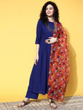InWeave Women's Ink Blue Long Anarkali Kurta Set With Red Rose Organza Dupatta