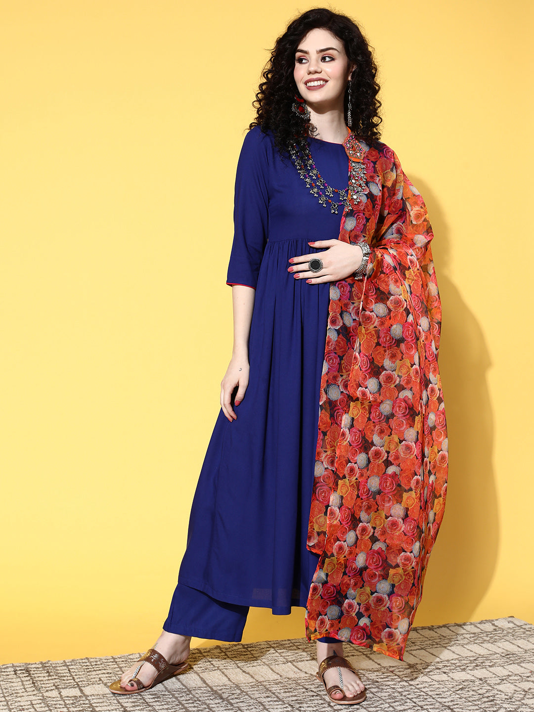 InWeave Women's Ink Blue Long Anarkali Kurta Set With Red Rose Organza Dupatta
