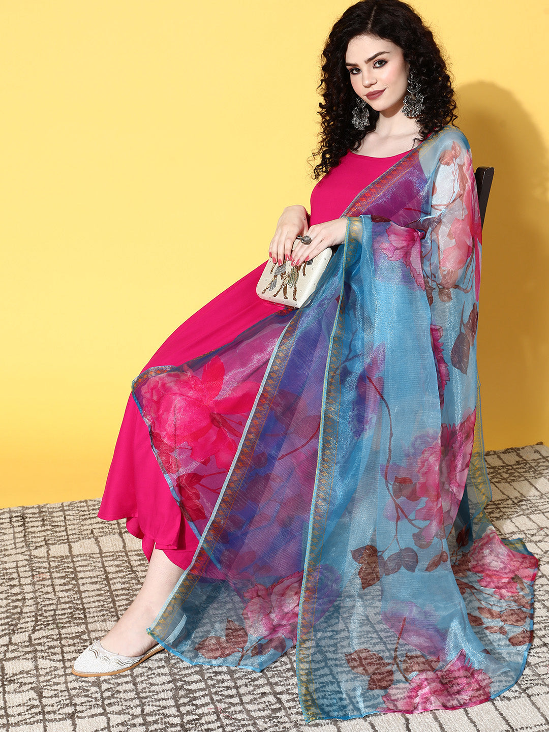 InWeave Strappy Set In Fuchsia With Blue Fuchsia Organza Dupatta