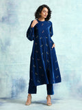 trueBrowns Blue Embroidered Velvet Puff Sleeve Kurta