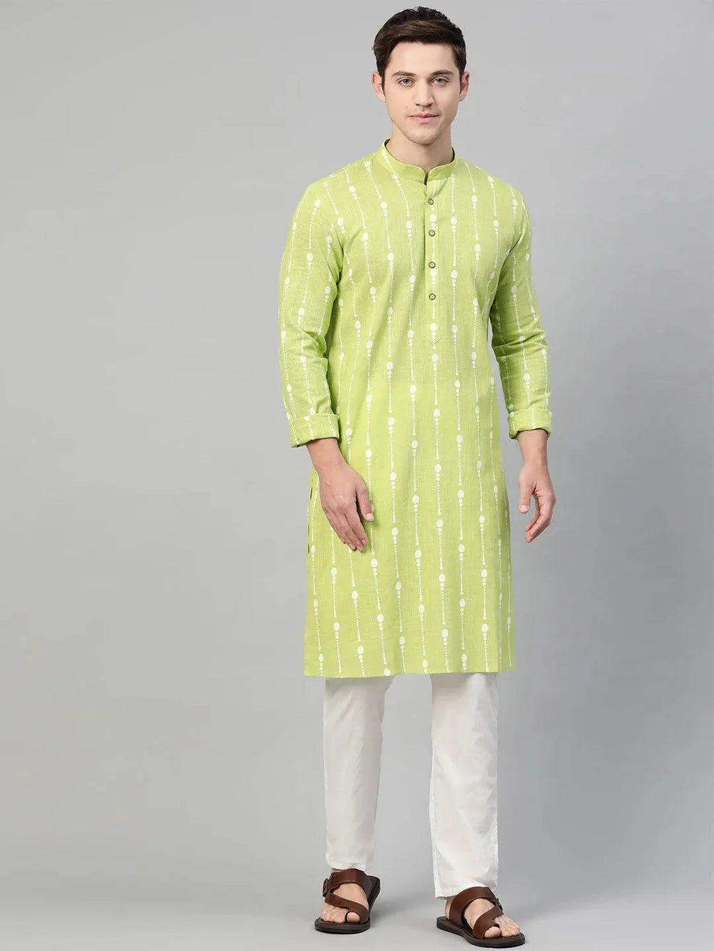 Fabmade Lime Green And White Printed Straight Kurta Pyjama