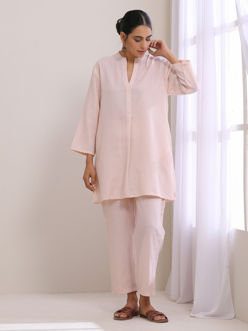 trueBrowns Pink Slub Relaxed Fit Co-Ord Set