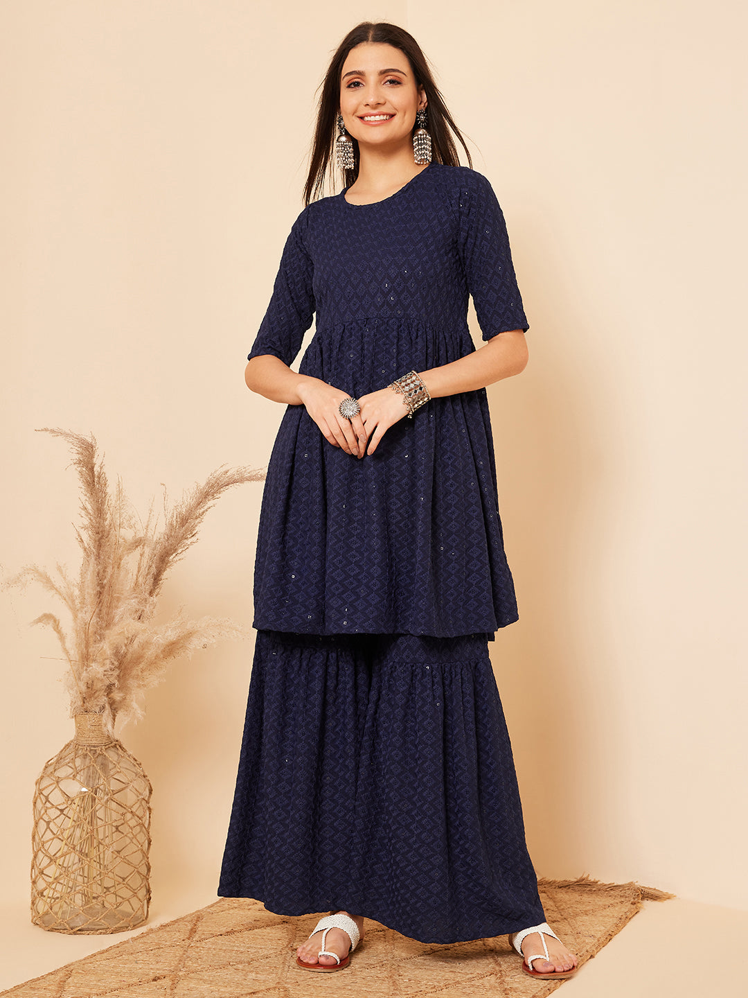 InWeave Women's Royal Blue Chikankari Kurta Set With Sharara