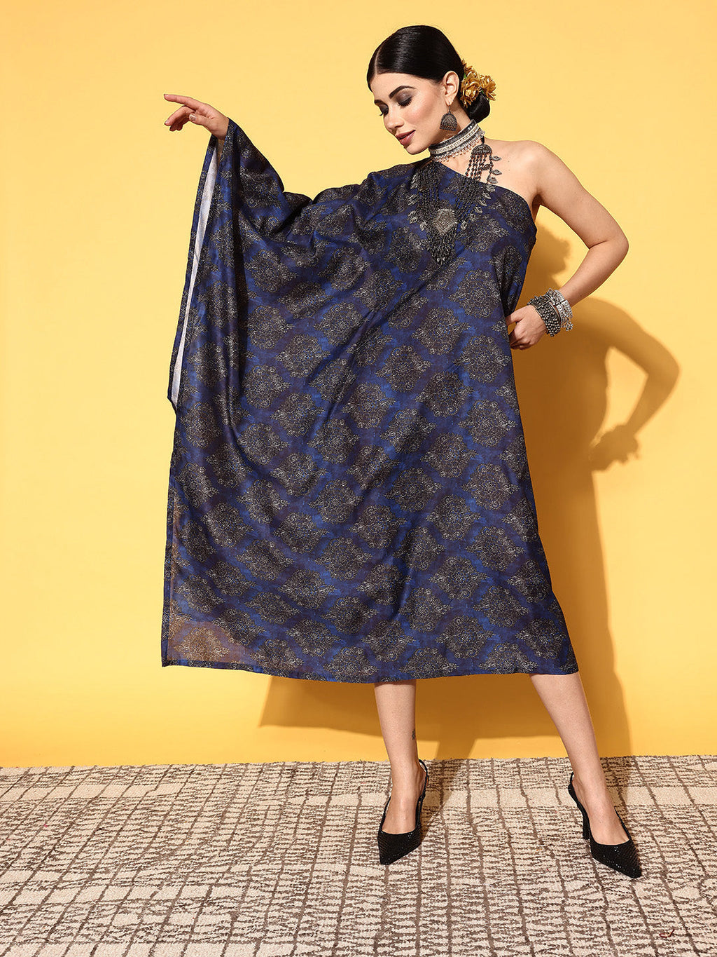 InWeave Women's Indigo Boota Print One Shoulder Kaftan Dress