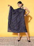 InWeave Women's Indigo Boota Print One Shoulder Kaftan Dress