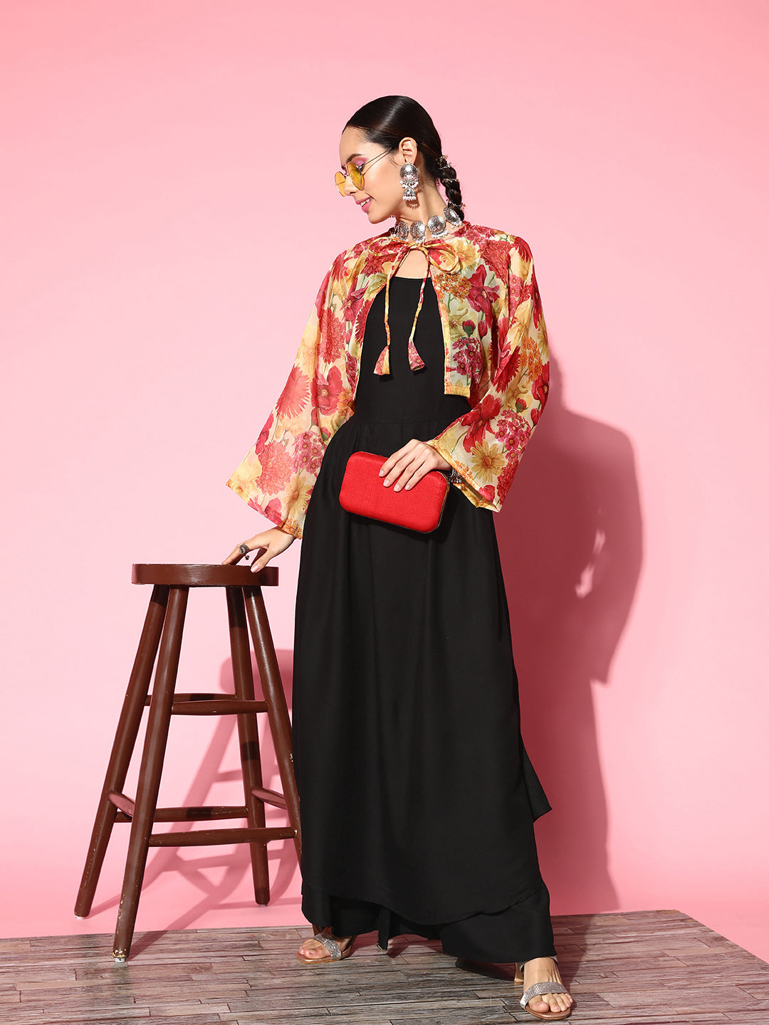 InWeave Women's Black Strappy Set With Red Pink Floral Short Organza Cape