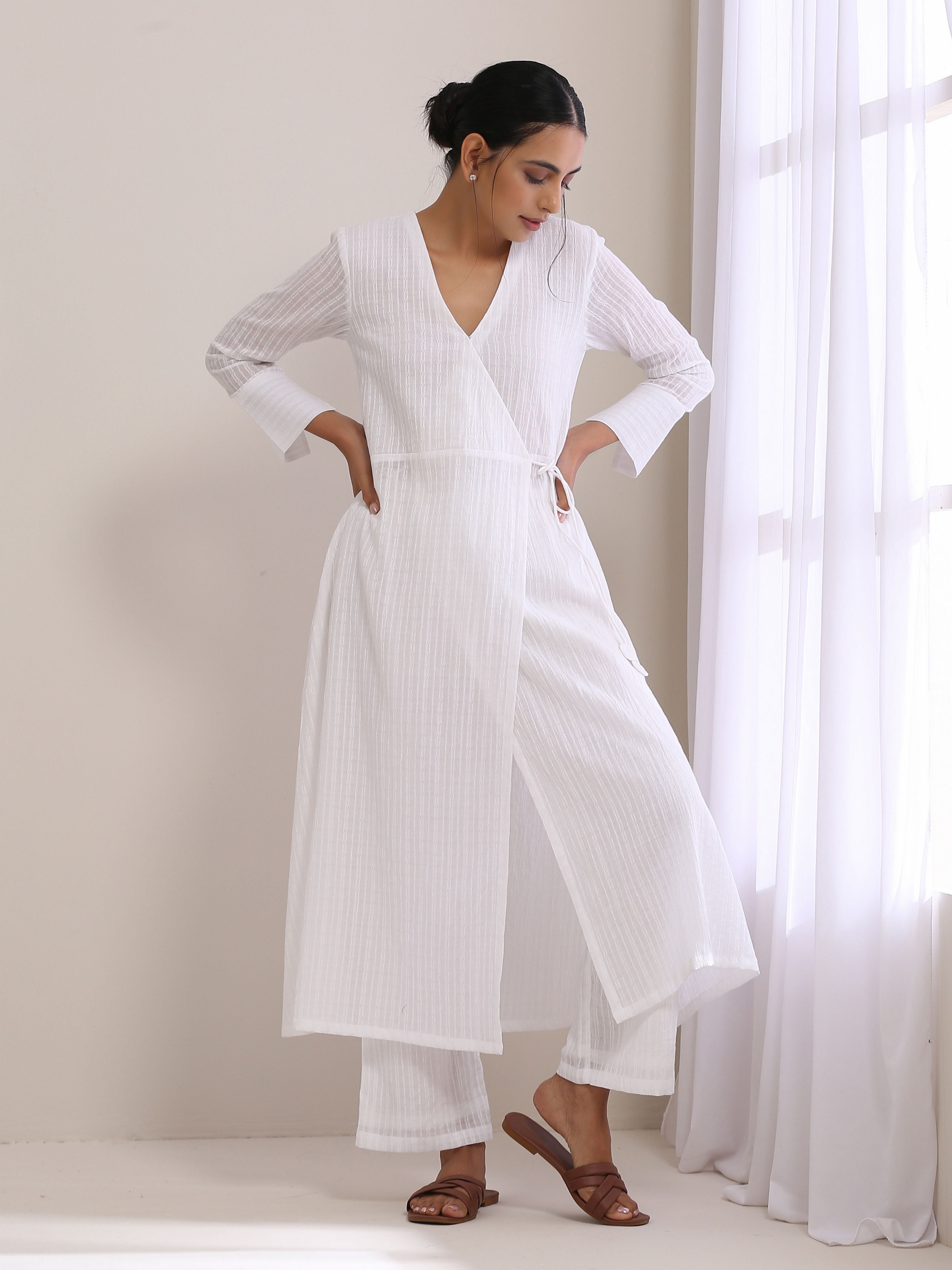 trueBrowns White Dobby Angrakha Kurta Pant Set