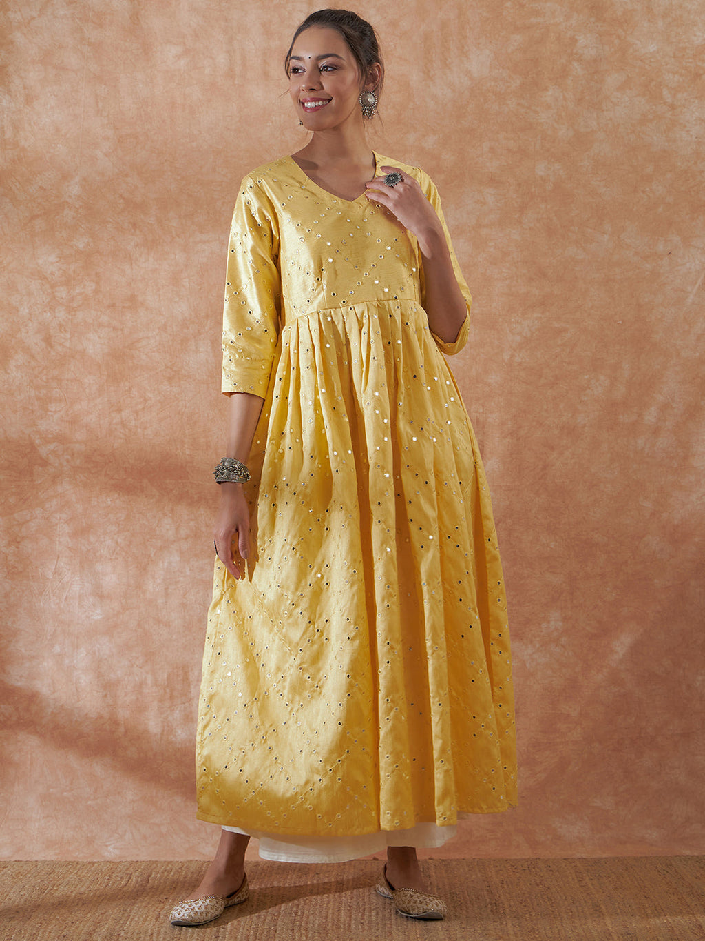 InWeave Women's Light Yellow Mirror Work Long Anarkali Kurta