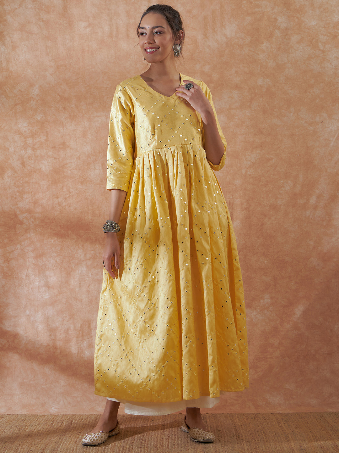 InWeave Women's Light Yellow Mirror Work Long Anarkali Kurta
