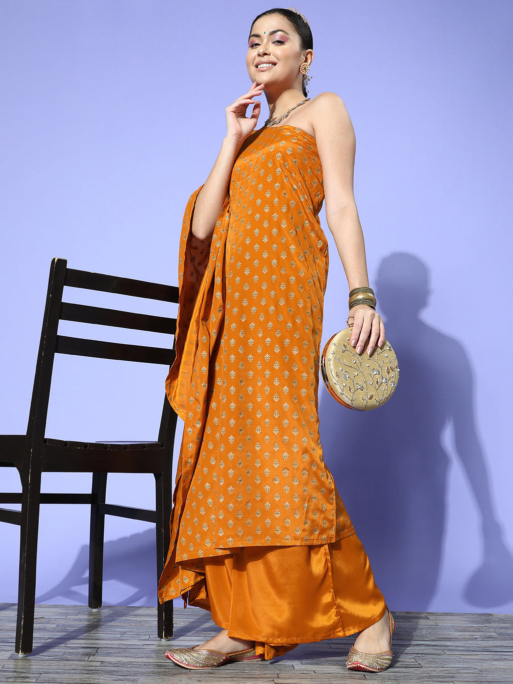 InWeave Women's Mustard Gold Print One Shoulder Kurta Set