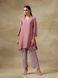 trueBrowns Dark Mauve Bandhani Printed Silk Collared Co-Ord Set