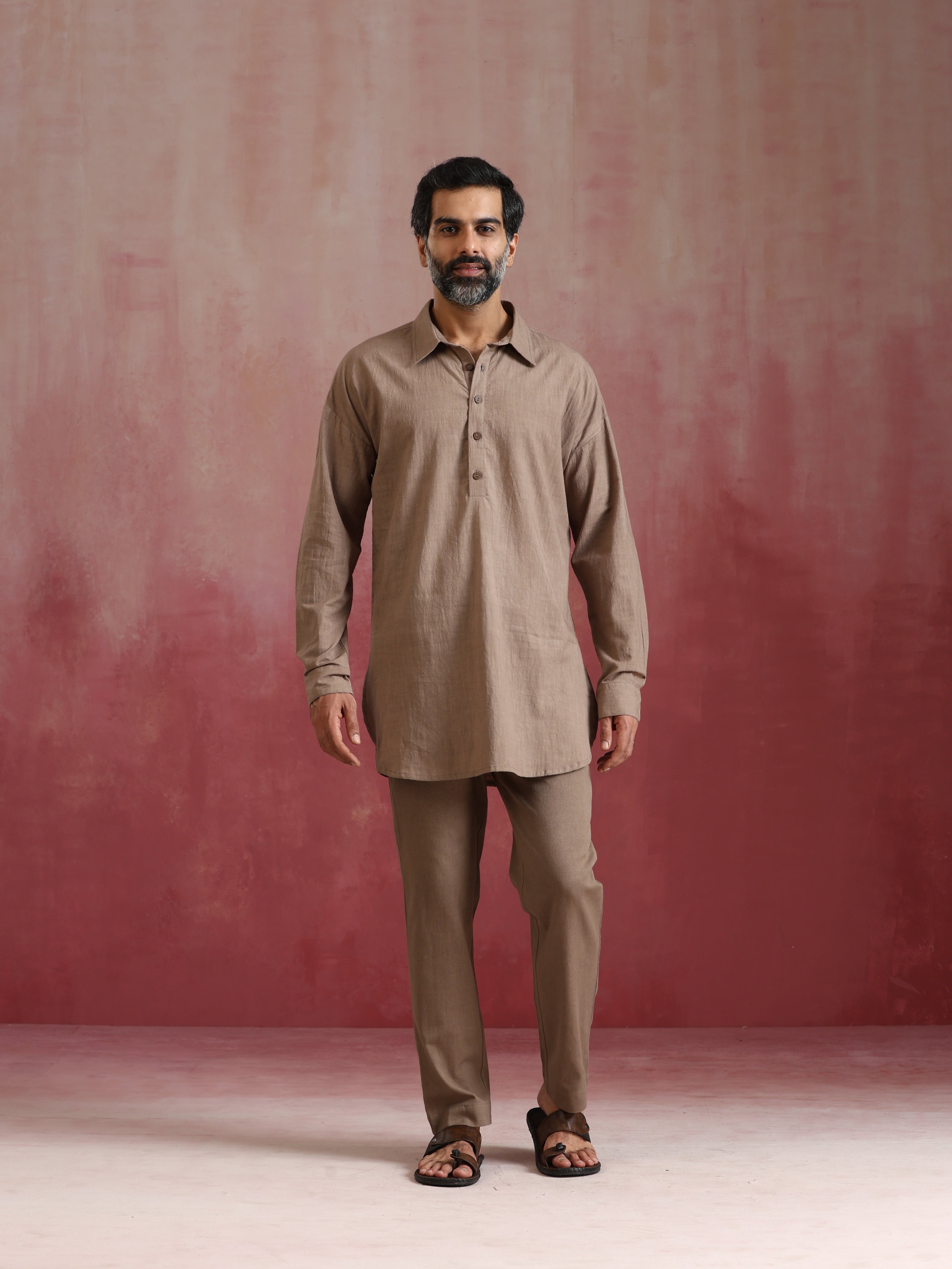 trueBrowns Men's Grey Cotton Shirt Collar Stylized Kurta Co-ord set