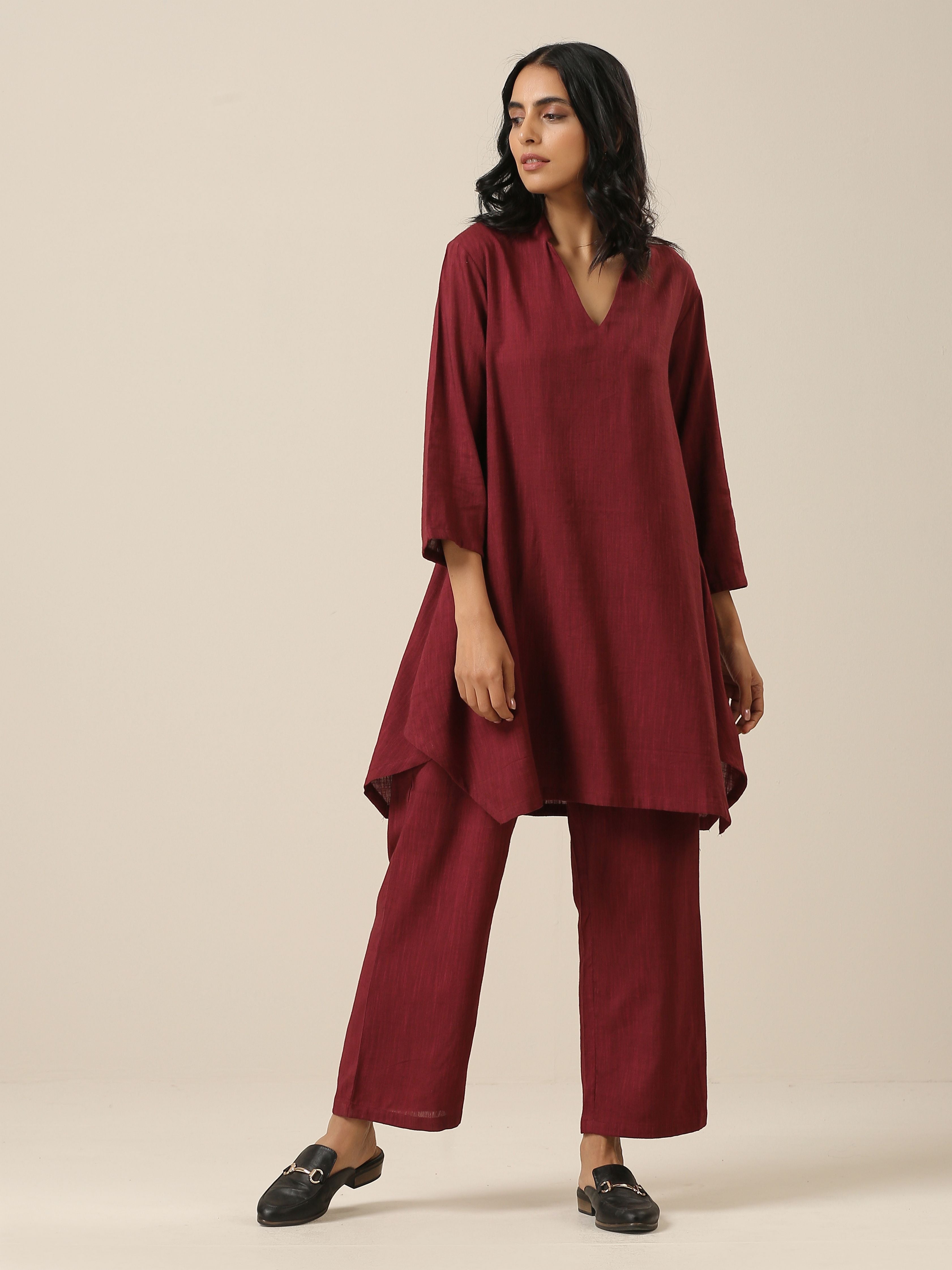 trueBrowns Ruby Wine Slub Textured Collar Co-Ord Set