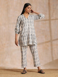 trueBrowns Grey Dabu Buta Print Cotton V-Square Neck Co-Ord Set