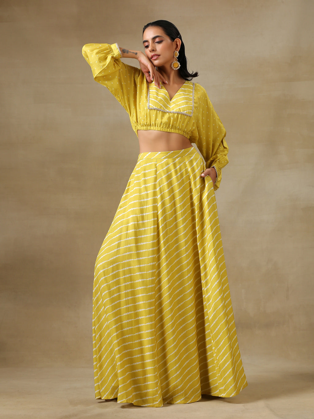 trueBrowns Lime Green Bandhani Printed Silk Top Skirt Set