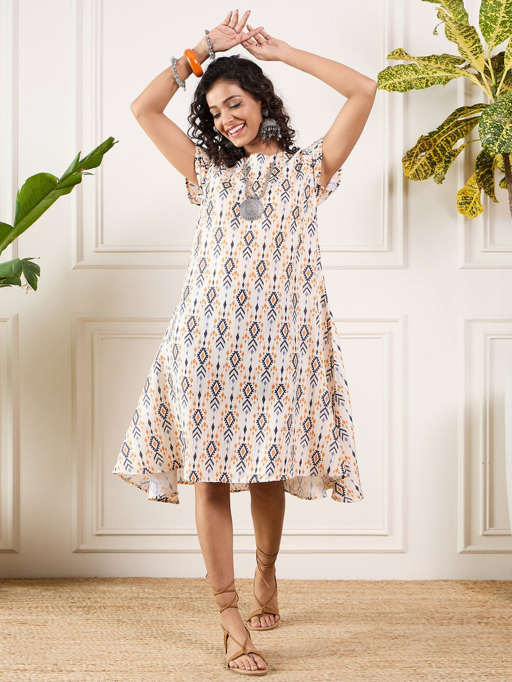 InWeave Off White Orange Black Ikkat Print Round Neck Aline Dress