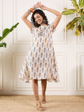 InWeave Off White Orange Black Ikkat Print Round Neck Aline Dress
