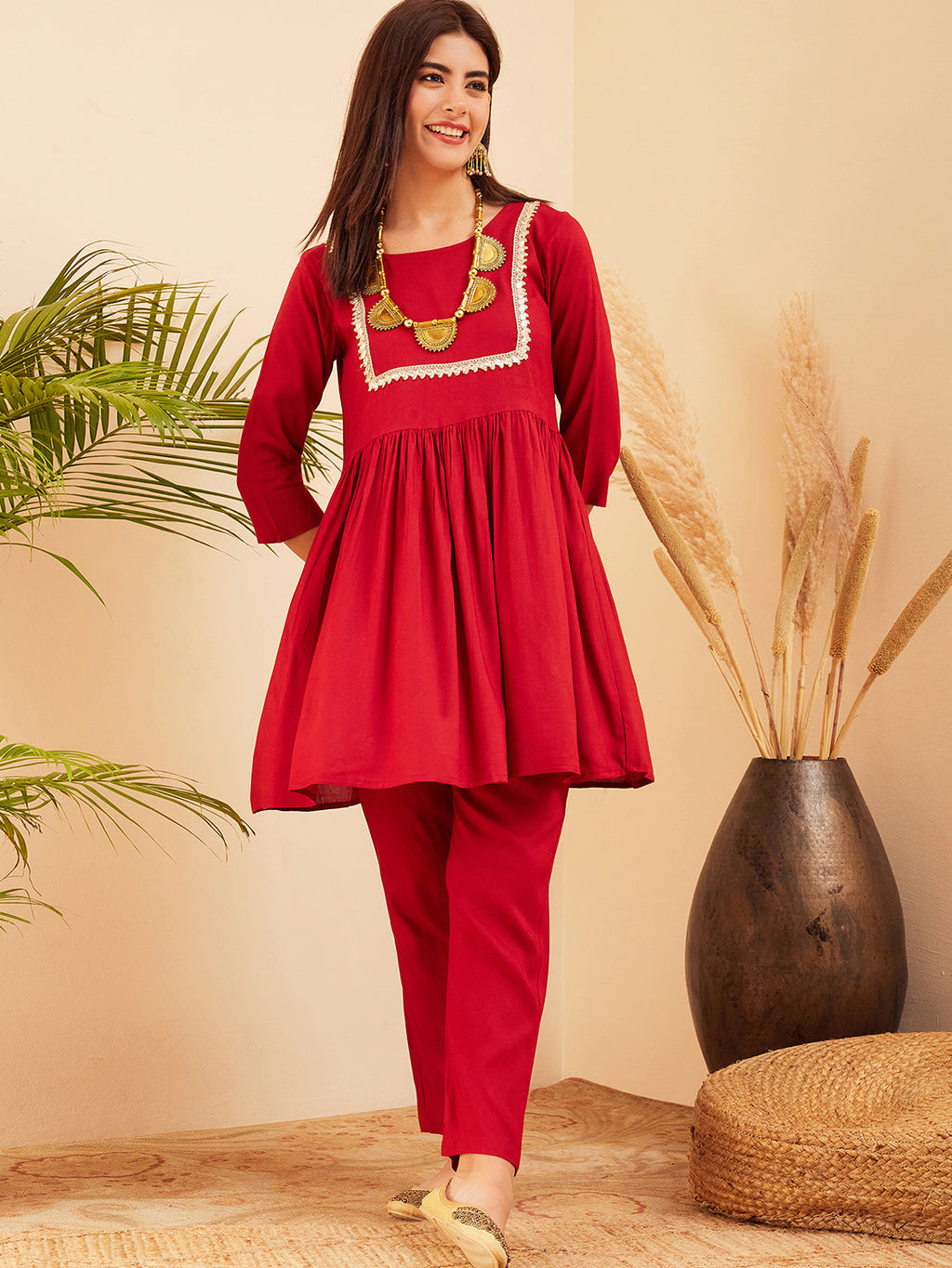 InWeave Women's Maroon Round Neck Square Gota Work Kurta Pant Set