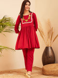 InWeave Women's Maroon Round Neck Square Gota Work Kurta Pant Set
