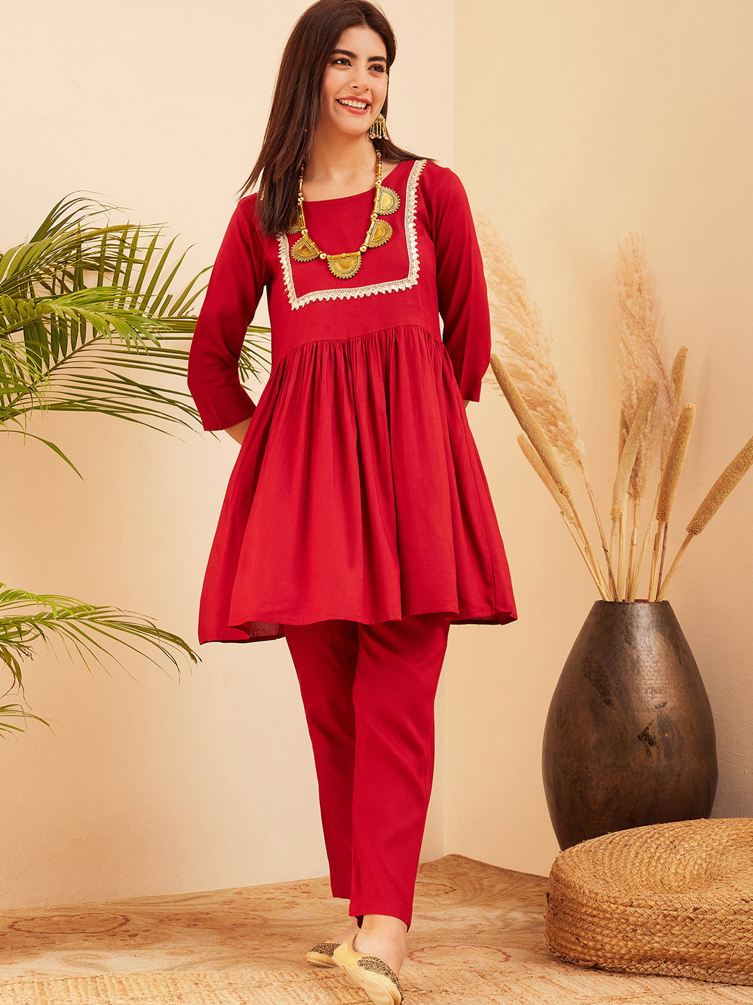 InWeave Women's Maroon Round Neck Square Gota Work Kurta Pant Set