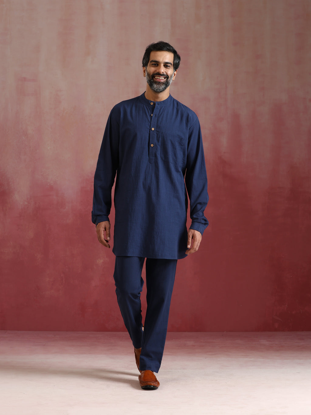 trueBrowns Men's Navy Cotton Mandarin Collar Kurta Co-ord set