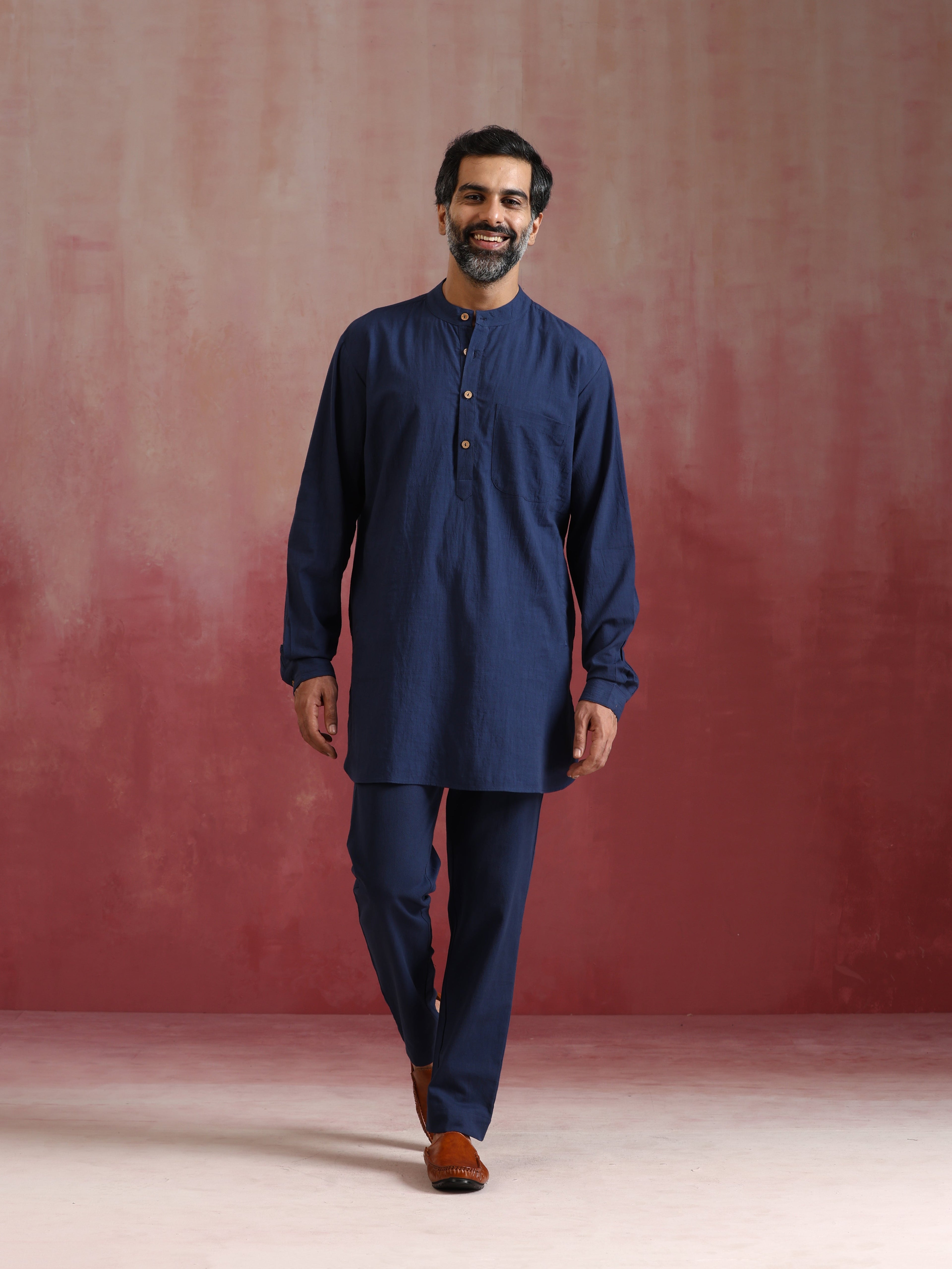 trueBrowns Men's Navy Cotton Mandarin Collar Kurta Co-ord set