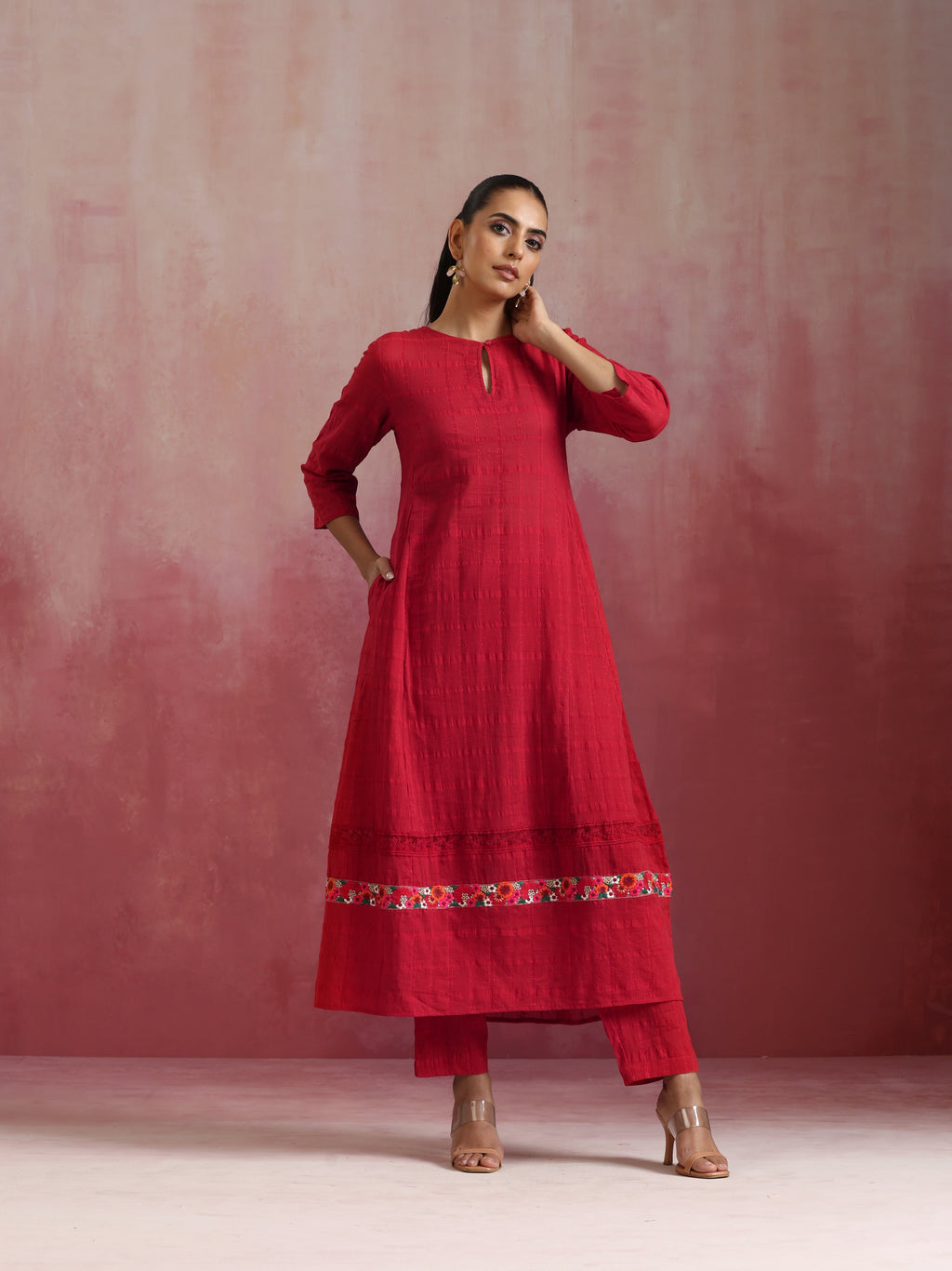 trueBrowns Red Cotton Dobby Flared Kurta Set