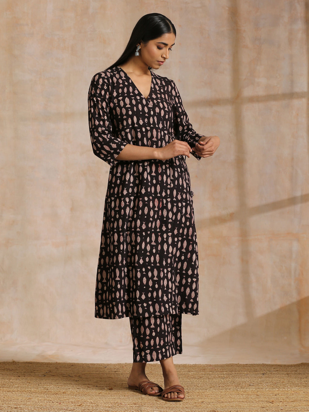 trueBrowns Black Fish Bagru Print Cotton Angrakha Pant Set