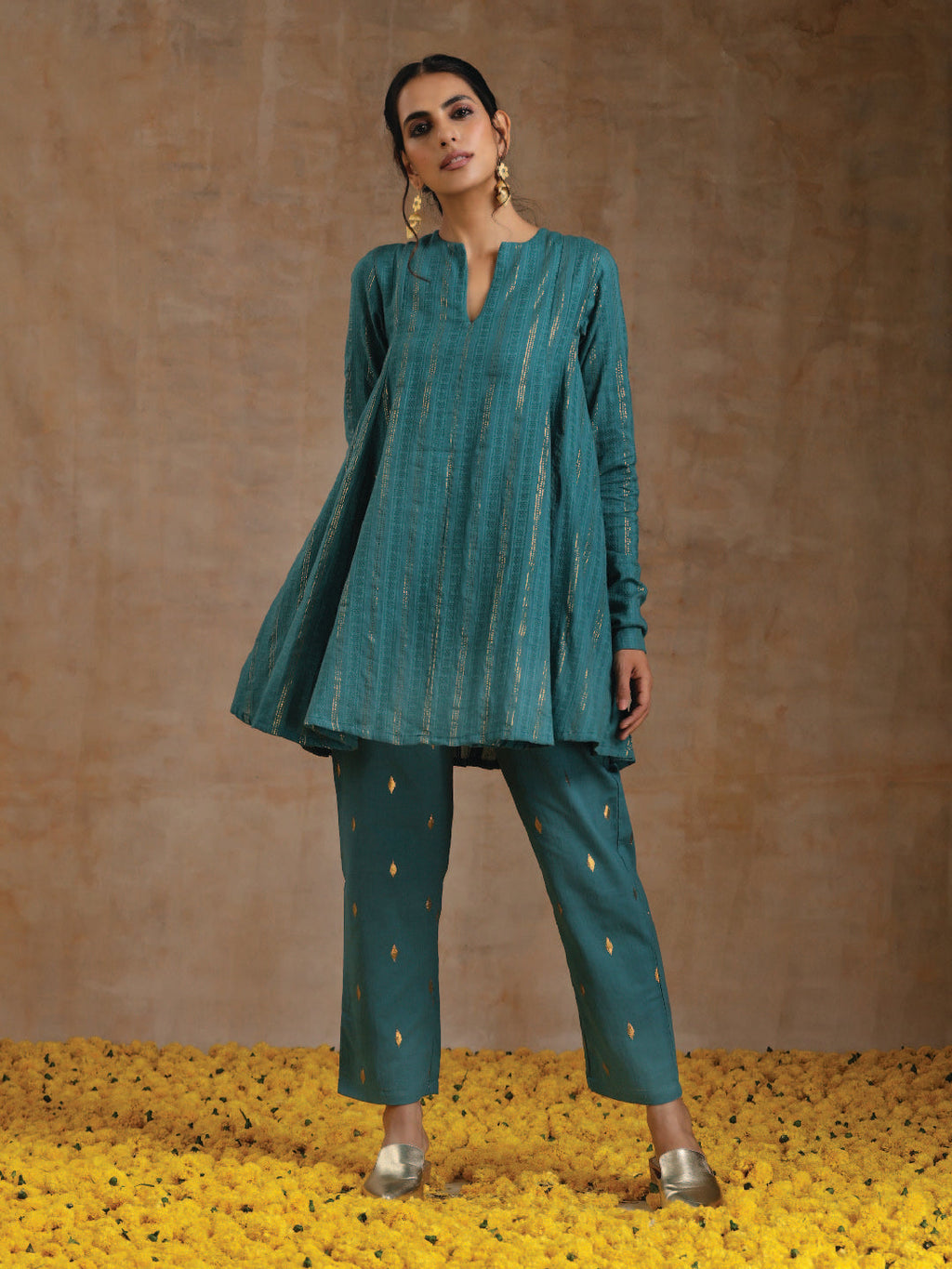 trueBrowns Deep Sea Gold Cotton Flared Co-Ord Set